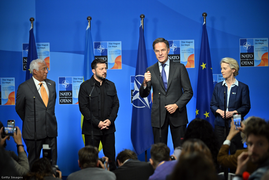 Volodimir Zelenszkij, Mark Rutte, Ursula von der Leyen és Antonio Costa 2025. június 24-én