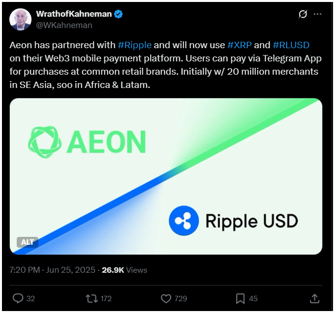 A Ripple új szintre emeli a kriptofizetéseket az AEON-nal kötött partnerséggel