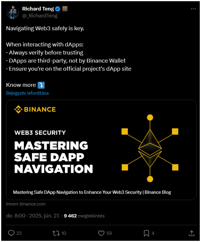 A Binance vezér megosztotta a három aranyszabályát a Web3 biztonságához